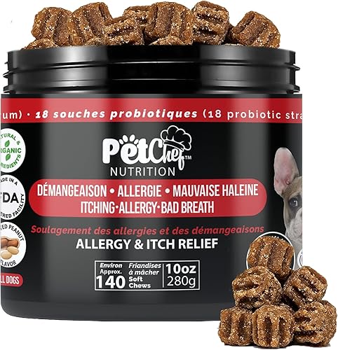 Pet Chef Dog Allergy Chews - 140 masticables suaves con aceite de salmón, omega 3 y probióticos, suplemento natural para aliviar la picazón, apoyo