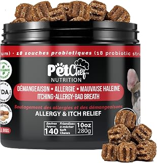 Pet Chef Dog Allergy Chews 140 Soft Chews with Salmon Oil, Omega 3 & Probiotics Natural Supplement for Itch Relief, Immune Support & Healthy Skin & Coat (Peanut Butter)