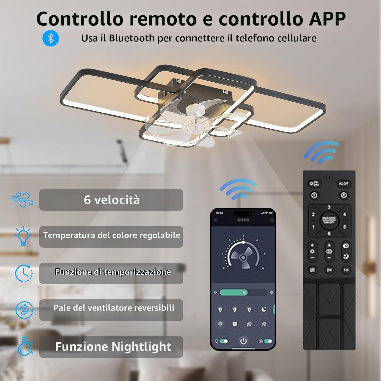 Ventilatore Da Soffitto Con Illuminazione, Ventilatore Da Soffitto A LED 80W Con Telecomando Lampada Ventola Dimmerabile 6 Velocità Del Vento Plafoniera Per Soggiorno Camera Da Letto Luce Nero 72cm