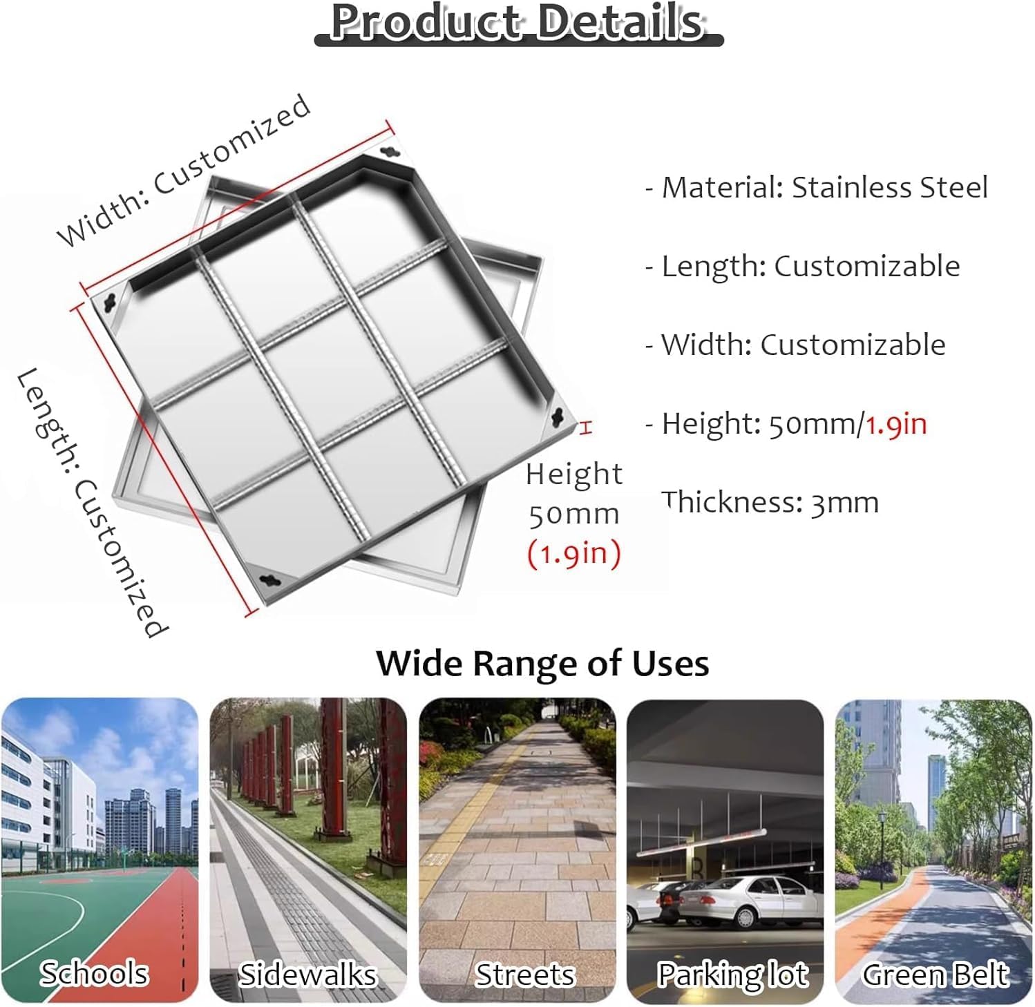 Square Septic Tank Lid with Base - Stainless Steel Invisible Manhole Cover - 30 40 50 60 70 80 90 100cm, Commercial Pressure Resistant Storm Drain Cover Inspection Cover(100x100cm(39.4x39.4in))