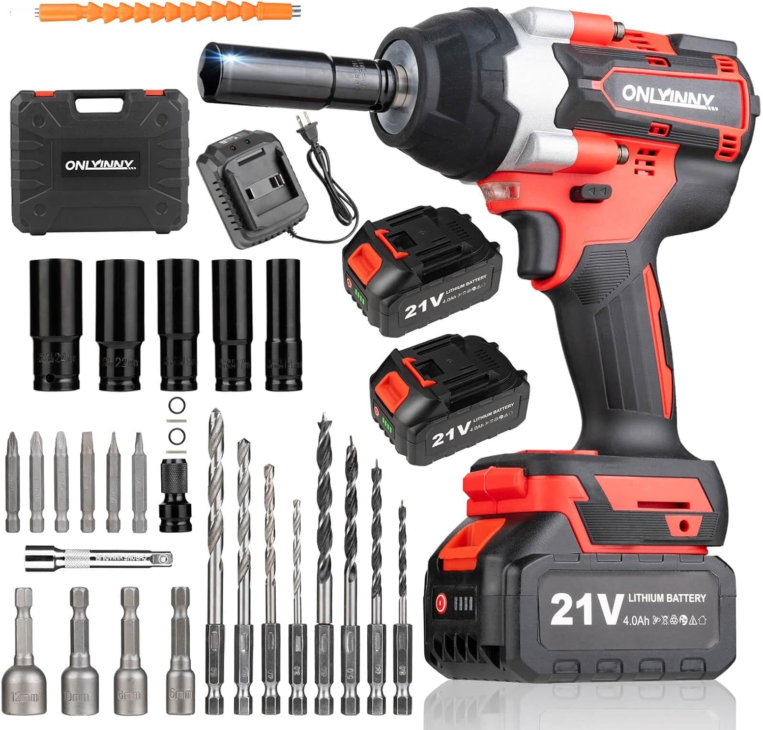 Cordless Impact Wrench1/2, 750Ft-lbs (1000N.m), 21V Power Impact Wrenches, 4-Mode Speed, 2×4.0AH Battery High Torque, 5 Sockets, 8 Drill, 6 Screws, Electric Impact Driver for Car Home Truck