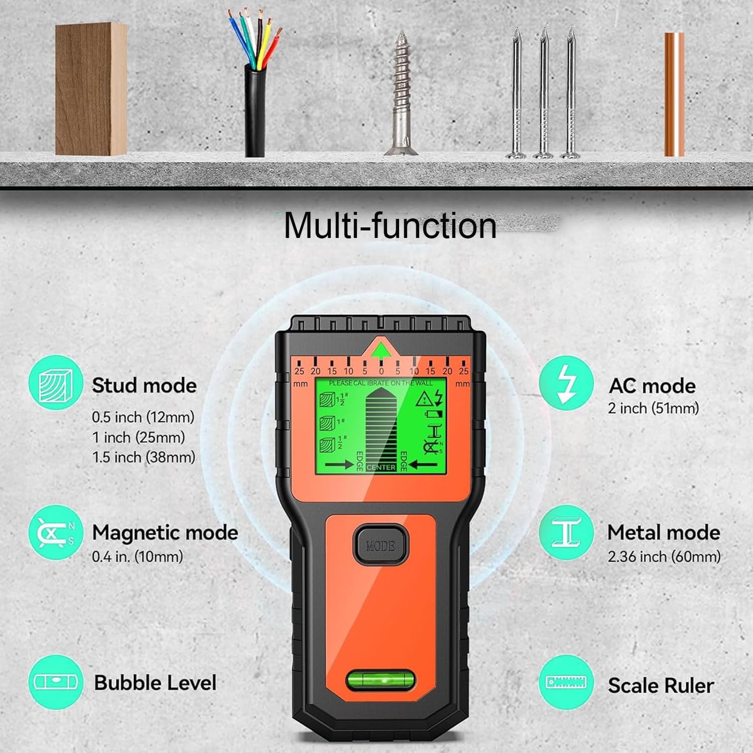 Détecteur de cable électrique avec écran LCD et alarme sonore – Scanner mural multifonction pour bois, métal et tuyaux (Orange)