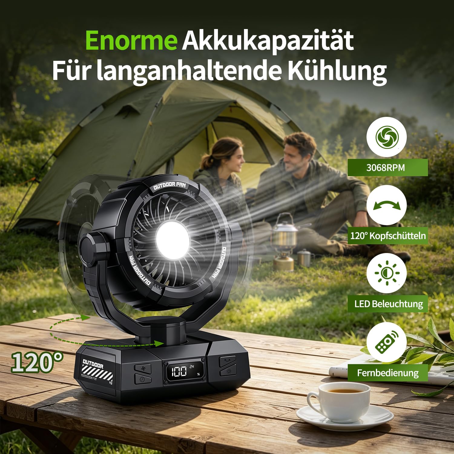 Ventilatore portatile da campeggio, 10000 mAh, alimentato a batteria, ultra sottile, con lanterna a LED, telecomando, gancio per tenda, fino a 26 ore di autonomia, rotazione di 120°, ventilatore da