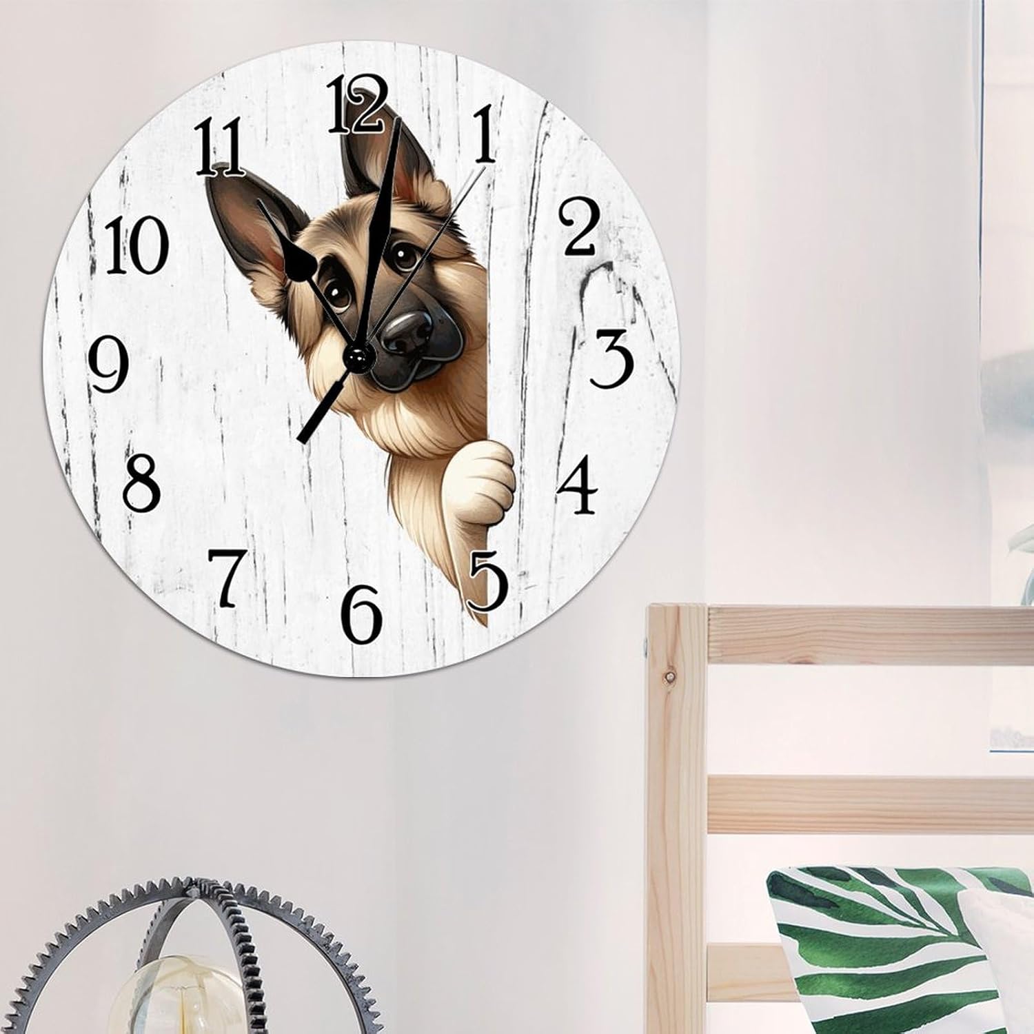German Shepherd Dog Peeking Around Corner Clocks German Shepherd Wood Clocks Battery Operated Round Clock Dog Lover Gift Pet Hanging Wall Clock for Kitchen Bedroom Office 12x12in
