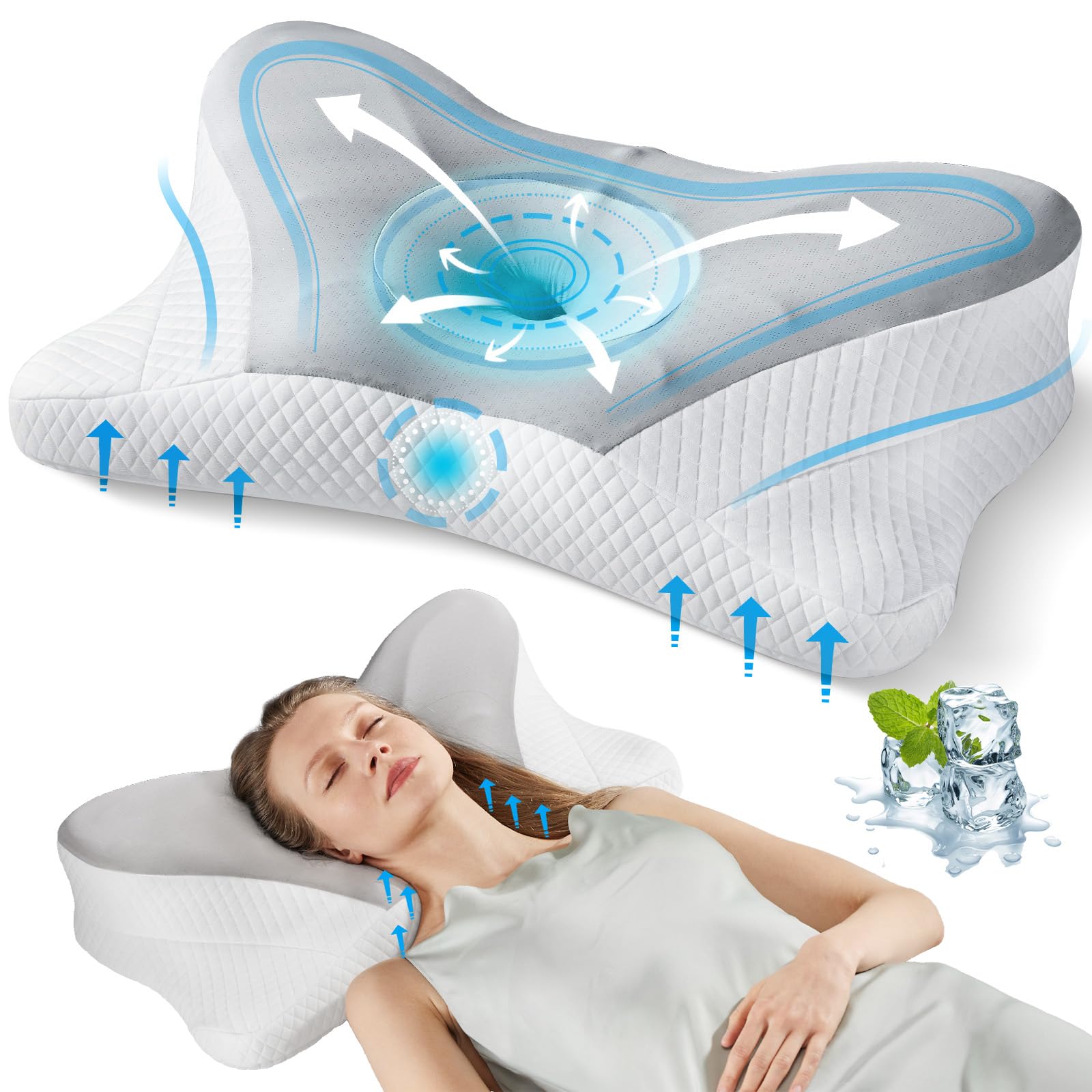 DUMOS Cervical Neck Pillow Cooling Memory Foam Contour Pillow with Arm Rest Slot and Ice Silk Pillowcase Ergonomic
