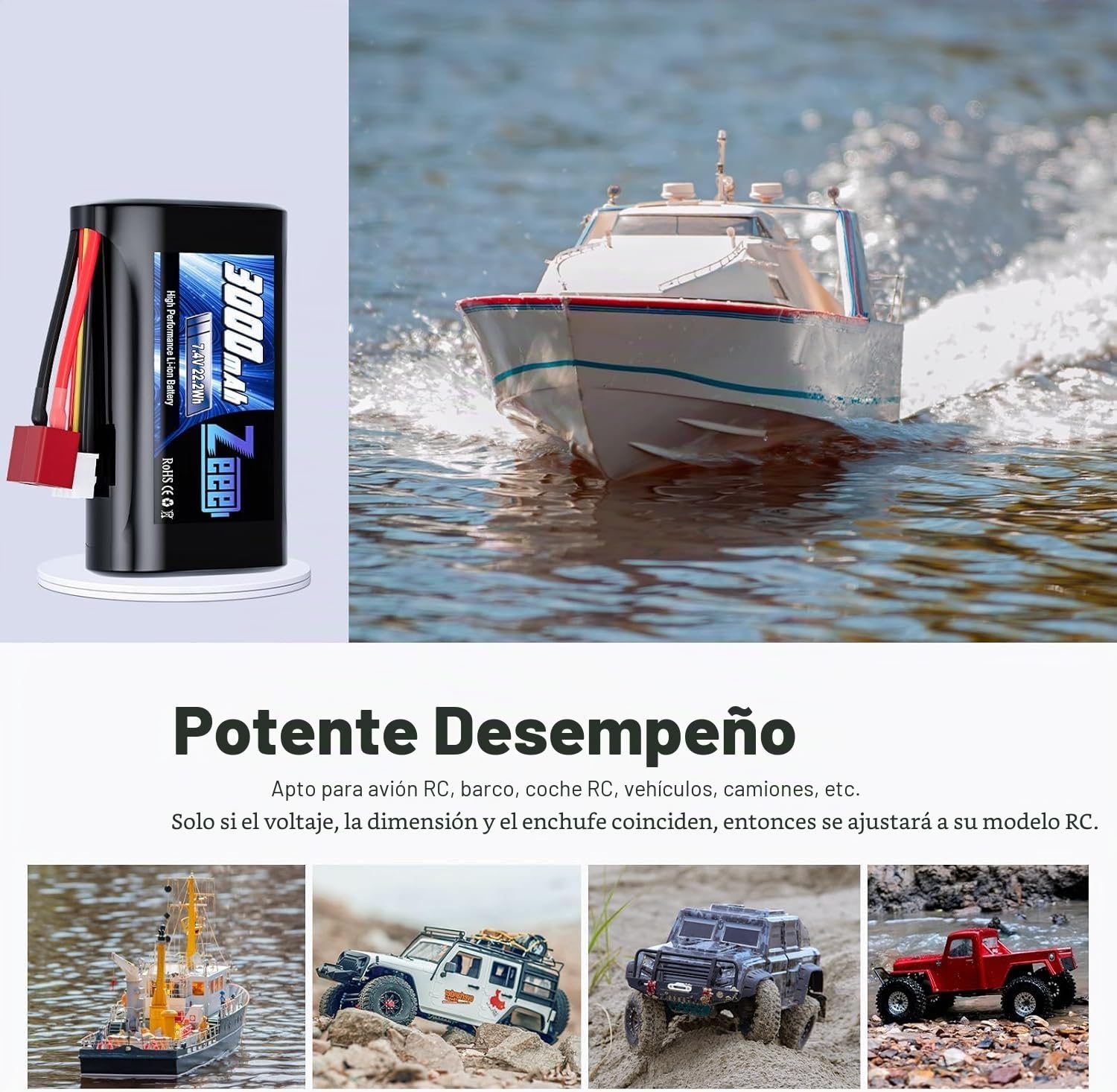 Zeee 2S Batería Li-Ion 7.4V 3000mAh con Conector Deans Batería RC Recargable Compatible con Coche RC de Alta Velocidad 4WD Escala 1/16 Coche RC Barco RC Camiones RC (2pcs)