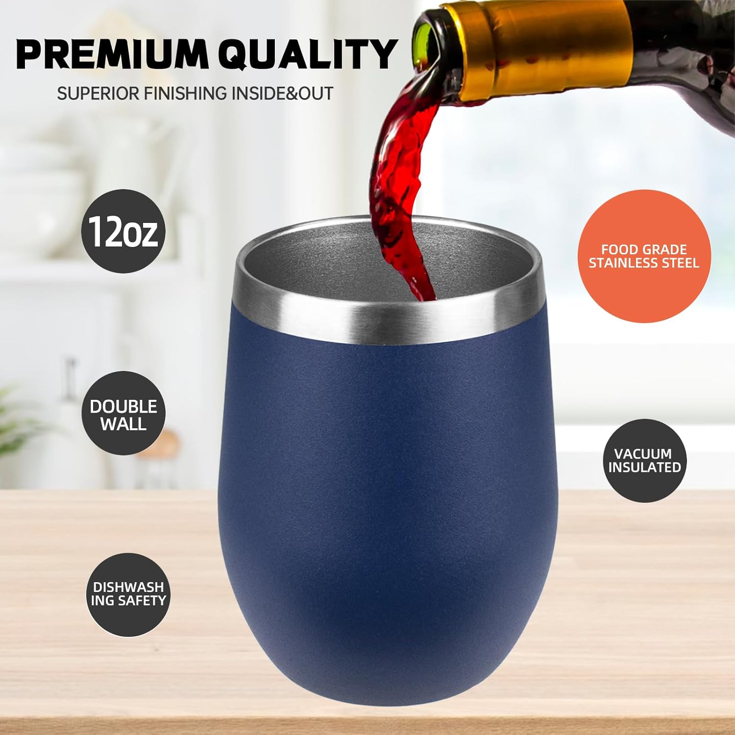 StarSpeed 12oz/8 Pack Wine Tumbler with lid, Stainless Steel Travel Mugs Stemless Double Wall Insulated Coffee Cup, Insulated Wine Glasses Travel Tumbler for Cold & Hot Drinks(Navy Blue, 8)