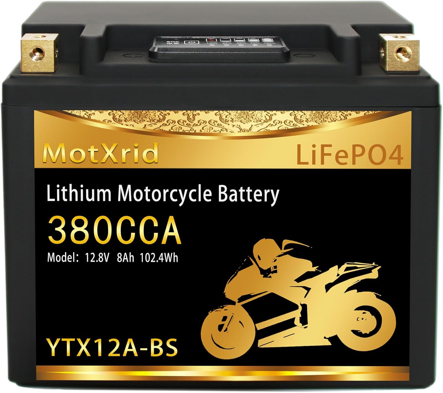 YTX12A-BS lithium motorcycle battery,12V 8Ah 380CCA LiFePO4 Powersports Battery with BMS,Digital Readout,Fits for Honda TRX250 Recon,Suzuki LT-F250 Ozark,BRP (CAN-AM) DS250 ATV,Polaris RZR UTV