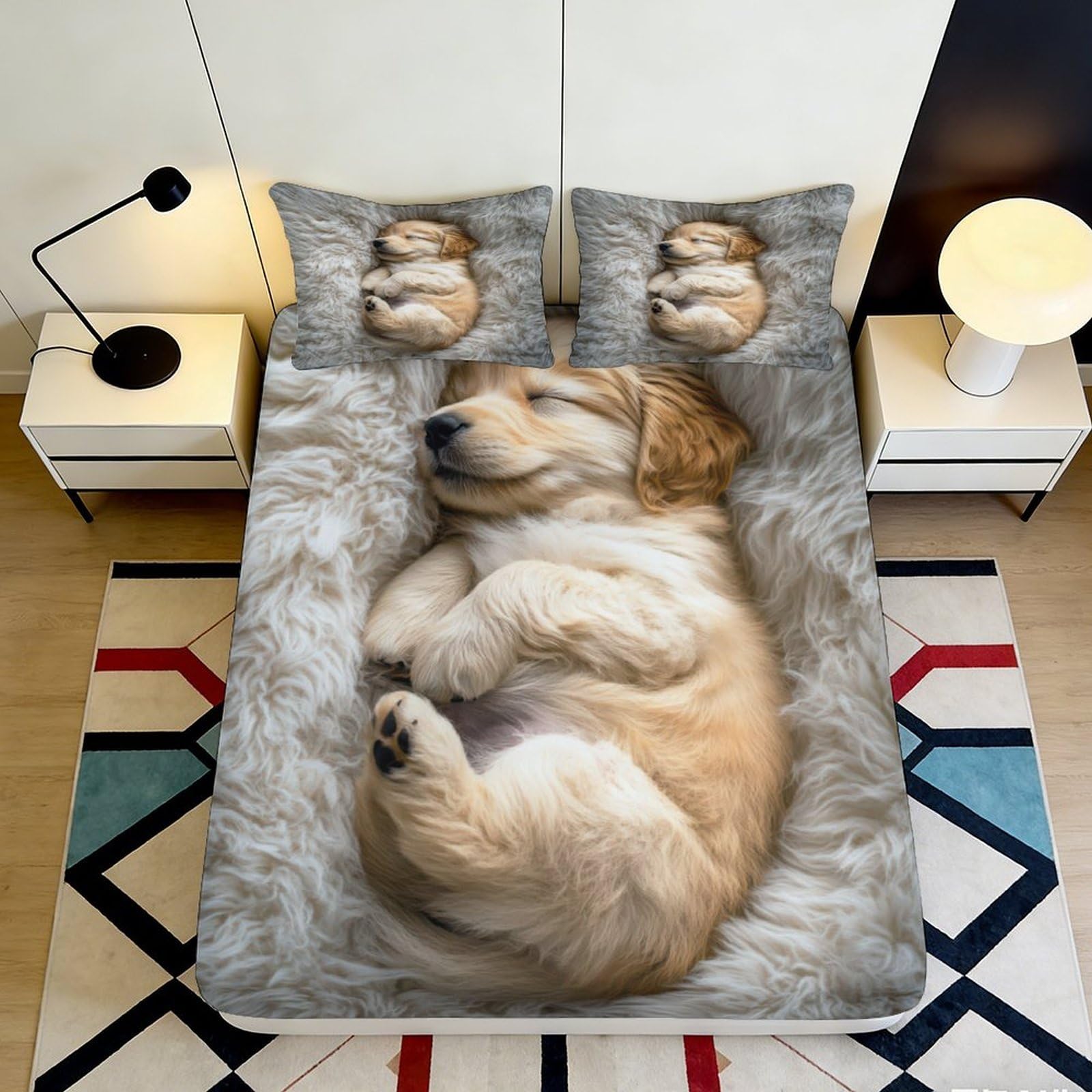 3D Printed Sleeping Puppy Fitted Sheet Microfiber Soft Durable Dog Pattern Bed Cover for Bedroom Dormitory Guest Room Mattress Protection Decor 120x200x25cm