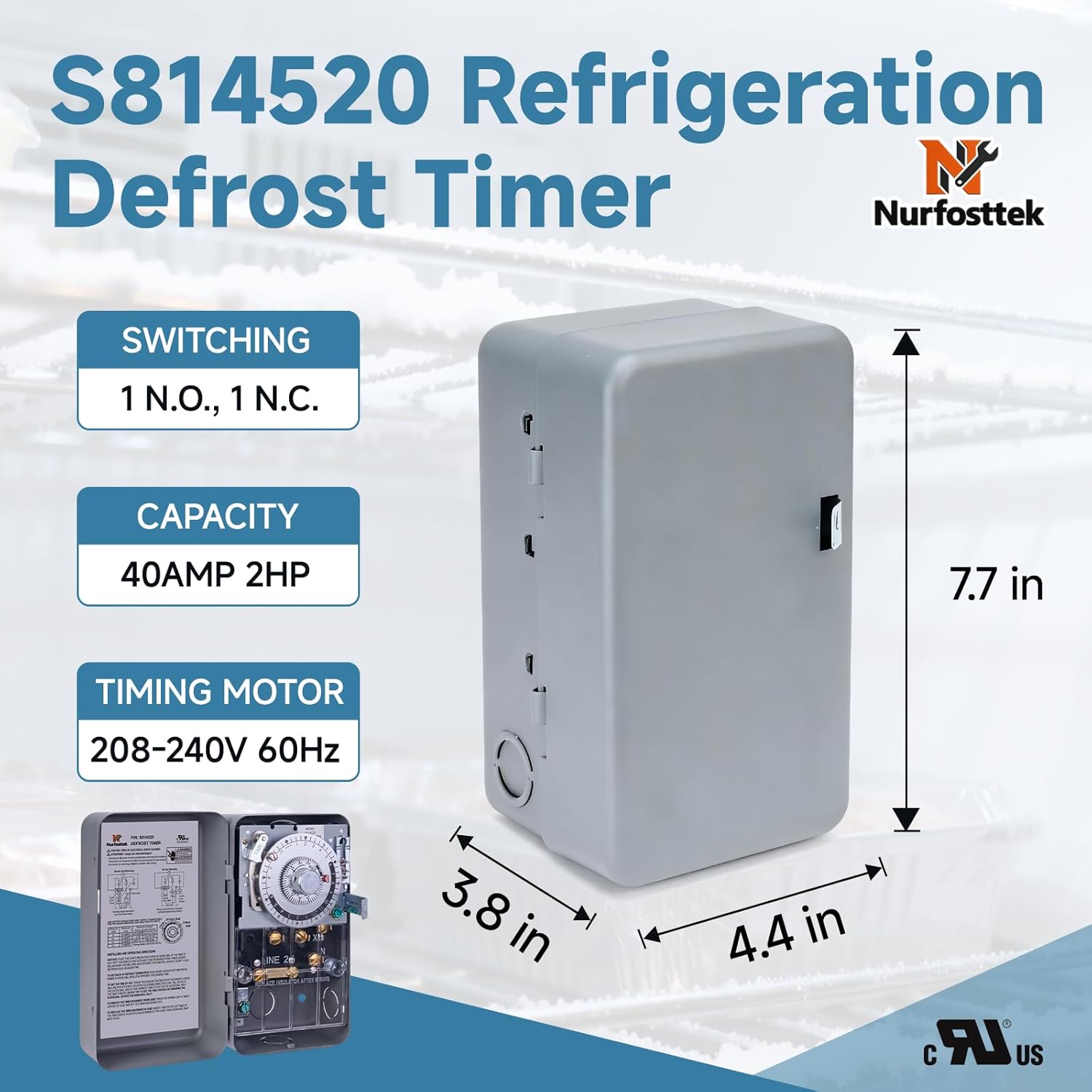S8145-20 Commercial Defrost Timer for Refrigeration Systems, 40AMP 208-240V/60Hz, Heavy-Duty Steel Housing, Compatible with Refrigerators and Condensing Units