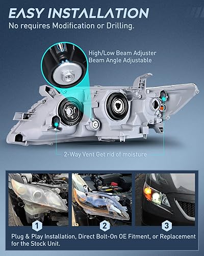 Miniatura 7 de Nilight - Conjunto de faros delanteros compatible con Toyota Camry 2007 2008 2009, reemplazo de faros, carcasa negra, reflector ámbar, lado del