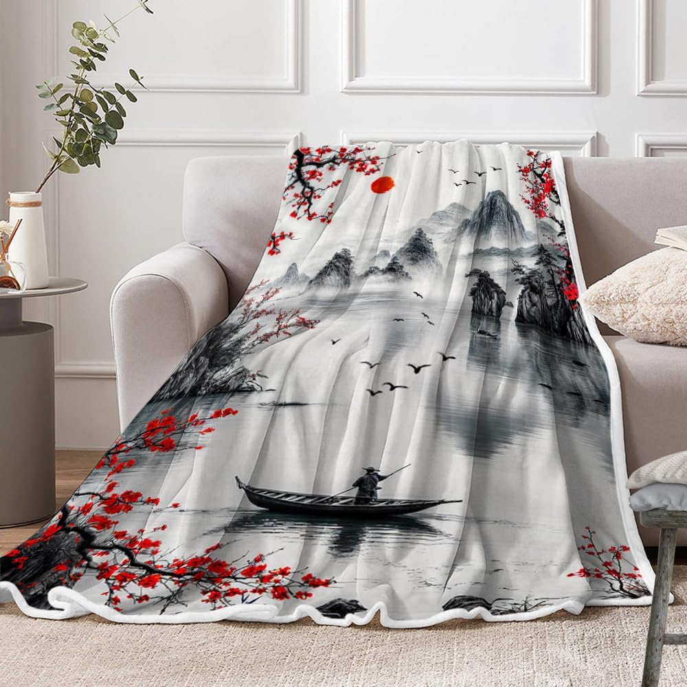 DYNH Japanese Cherry Blossom Throw Blanket, Asian Nature Landscape Throw Blanket, Mountain Cherry Branches Red Sun Ink Painting Soft Warm Flannel Black White Grey Blanket,60X80