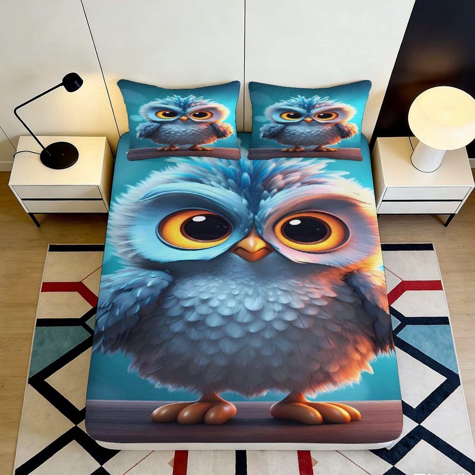 3D Printed Cute Owl Fitted Sheet Microfiber Soft Breathable Cartoon Bird Bed Cover for Bedroom Dormitory Guest Room Mattress Protection Decor 120x200x25cm