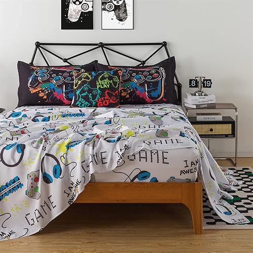 Miniatura 4 de qjmiaofang Juego de ropa de cama matrimonial para niños, juego de ropa de cama de videojuegos de 7 piezas, juego de cama de videojuegos para niños