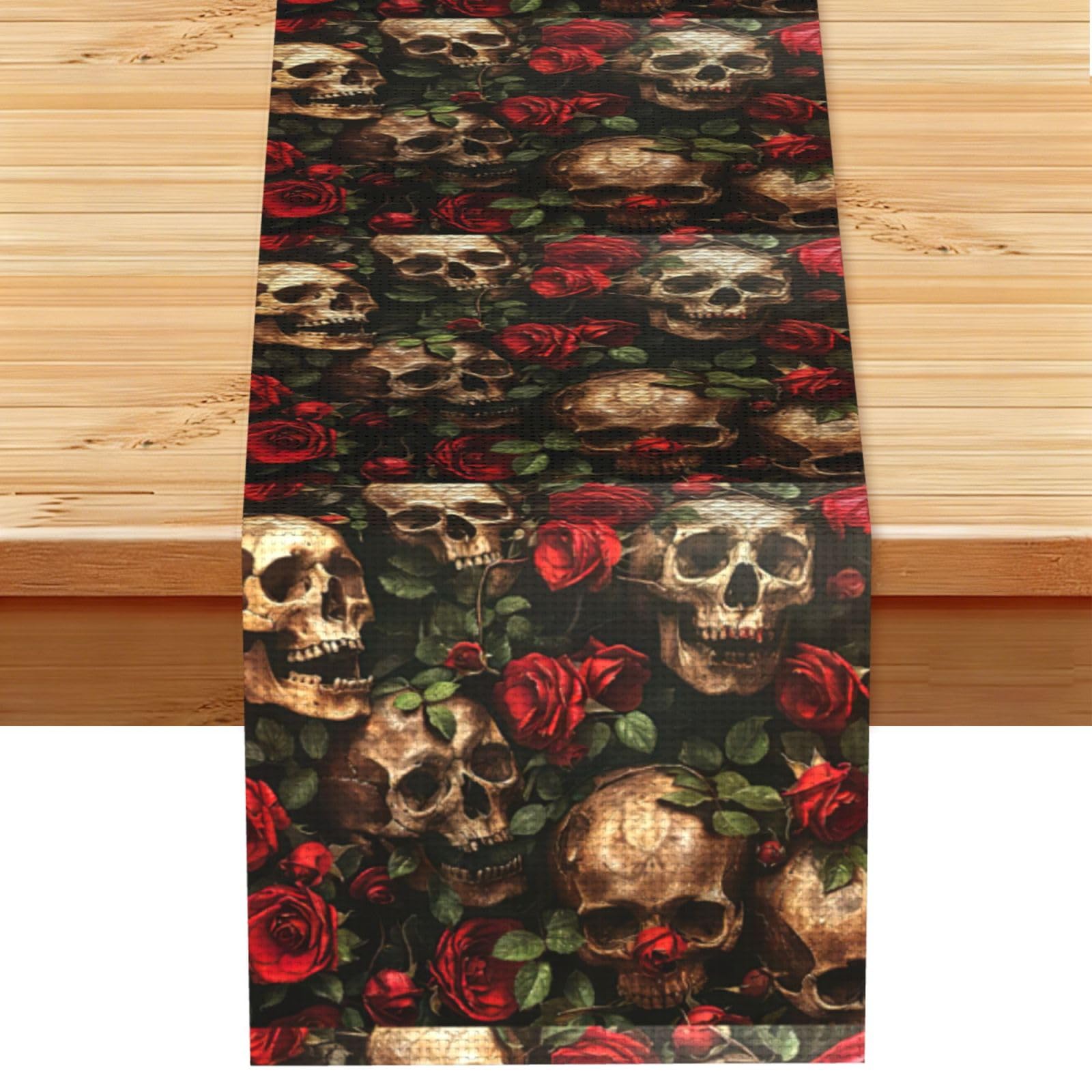 Skull and Red Rose Vintage Style Table Runner 13x72in, Soft Printed Centerpieces for Tables, Kitchen, Countertops & Dining Area Home Decor