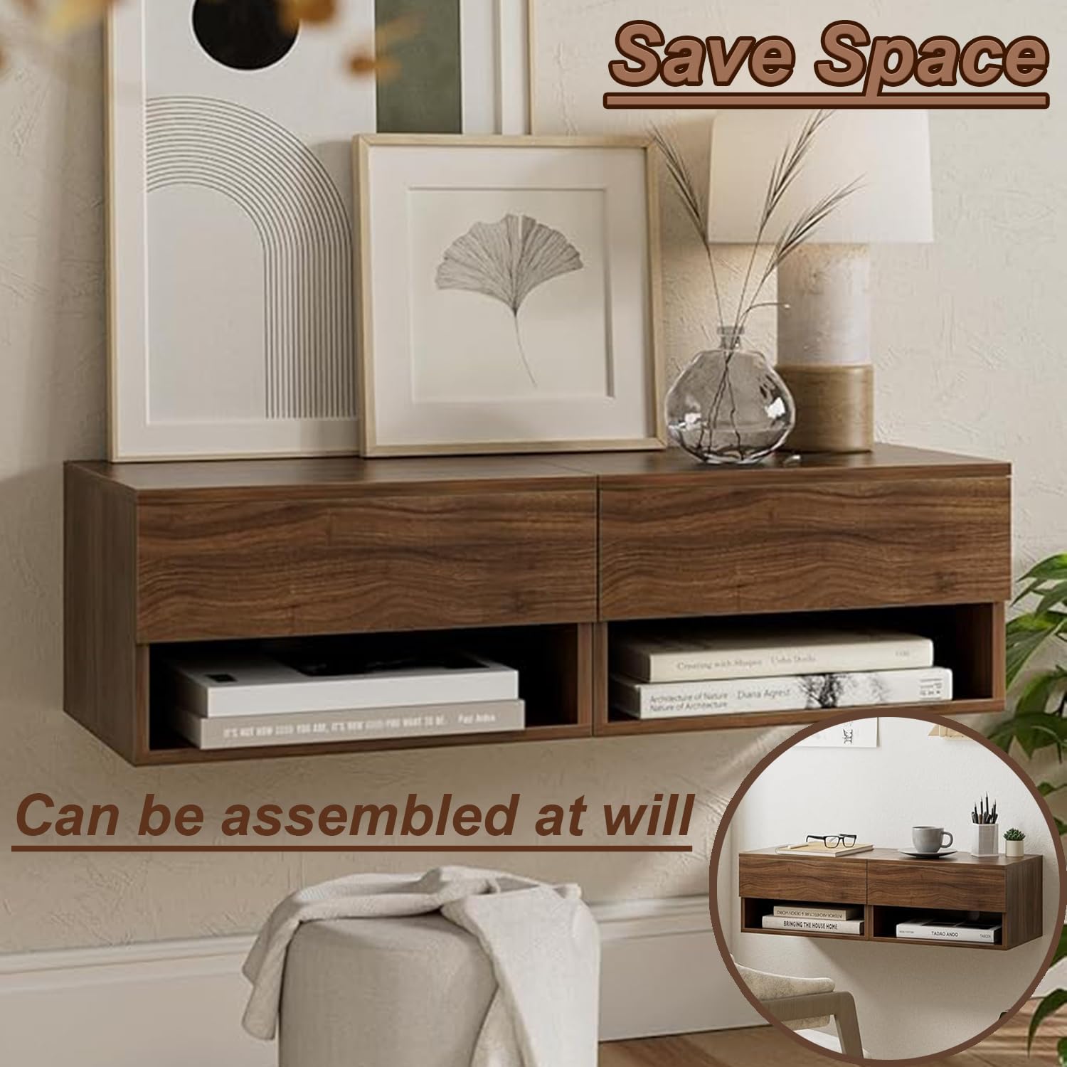 Comodino sospeso, mensola sospesa con cassetto, mensola a Parete con Contenitore, Piccolo tavolino Moderno con mensola Aperta, per camere da Letto, Soggiorno, Ufficio, Bagno