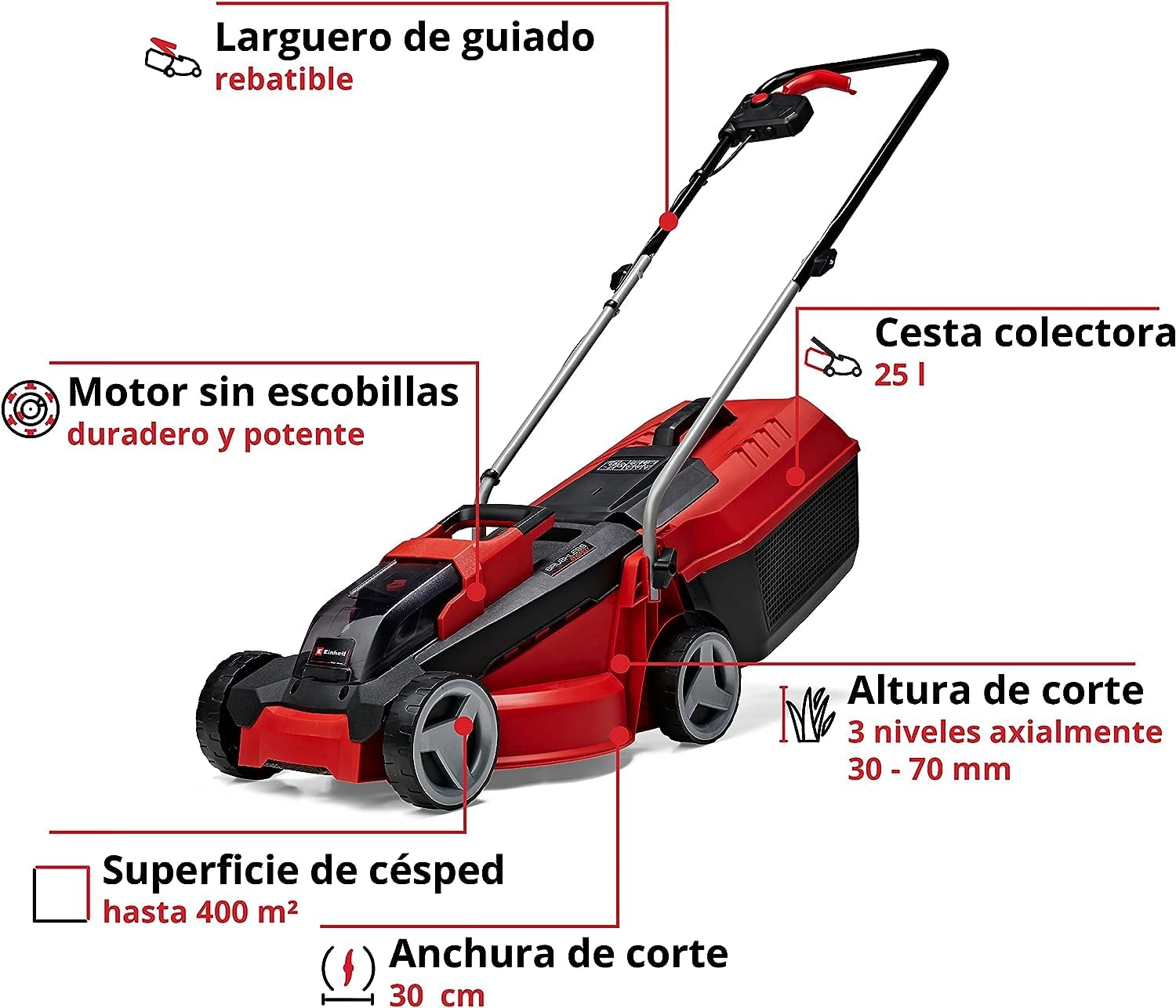 Einhell Cortacésped a batería GE-CM 18/30 Li Kit Power X-Change (18 V, 30 cm Ancho de Corte, hasta 150 m², Brushless, 25L Bolsa recolectora, 30-70 mm Altura de Corte, con 3,0 Ah batería y Cargador)