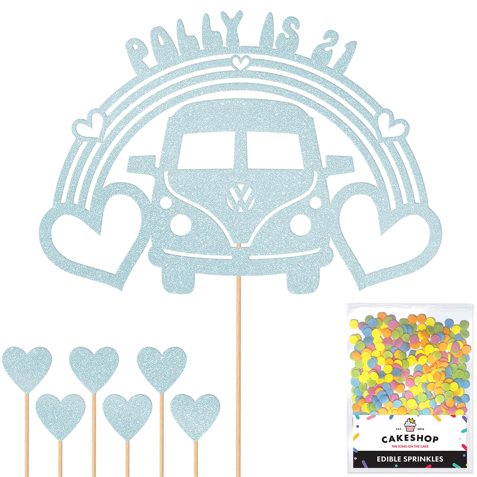 Personalised 60's Camper Van Glitter Cake Topper- Light Blue Any Custom Age & Name Glitter Cake Decoration and Sprinkles - Happy Birthday Decorations - Personalised Toppers for Cakes by Cakeshop