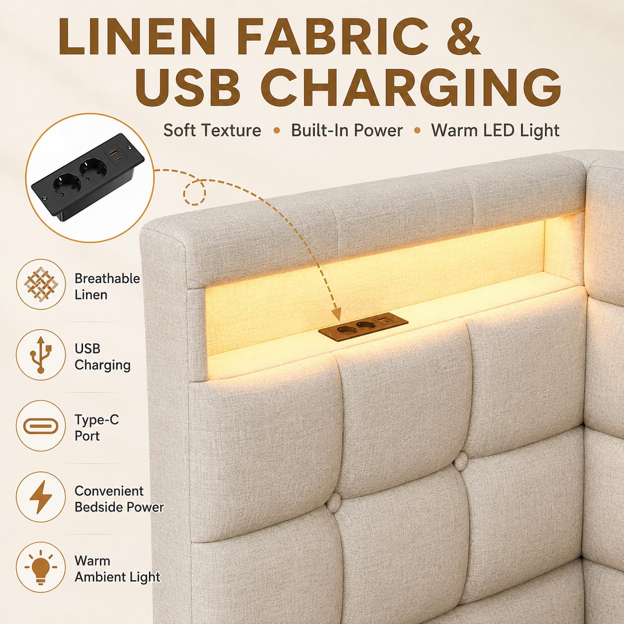 BRILVERDE Cama con almacenamiento de 90 x 200 cm con cajones, cama acolchada con luz LED/USB, sofá cama con cabecero contenedor, somier de láminas, lino (beige, 90 x 200 cm)