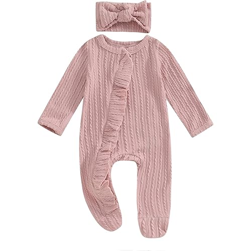 Newborn Baby Girl Fall Winter Outfits Clothes Knit Jumpsuit Ruffle Romper Newborn Coming Home Outfit for Baby Girl