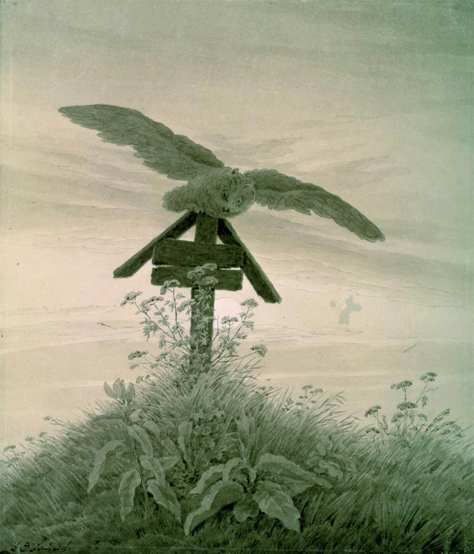 Artxlxxbn No Frame Famous Print Painting Colorful Art Print Owl On A Grave Sepia By Caspar David Friedrich Canvas Art Decorations For Home Decor 60X90cm