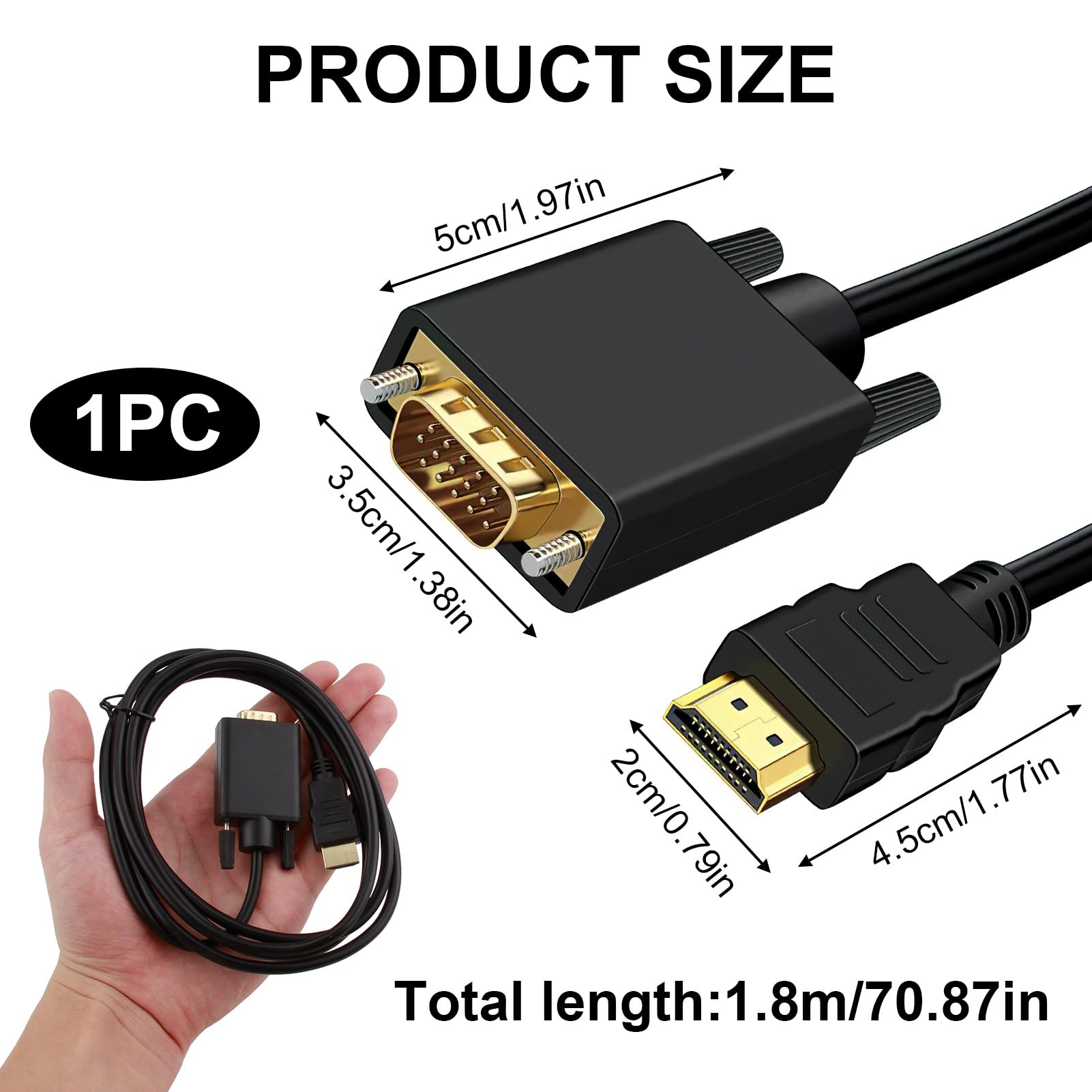 Kabel konwerterowy 1,8 m, przejściówka HDMI na VGA, męski HDMI na VGA Male, wytrzymały z obudową ze stopu aluminium, pleciony nylonem, obsługuje 1080P/60 Hz