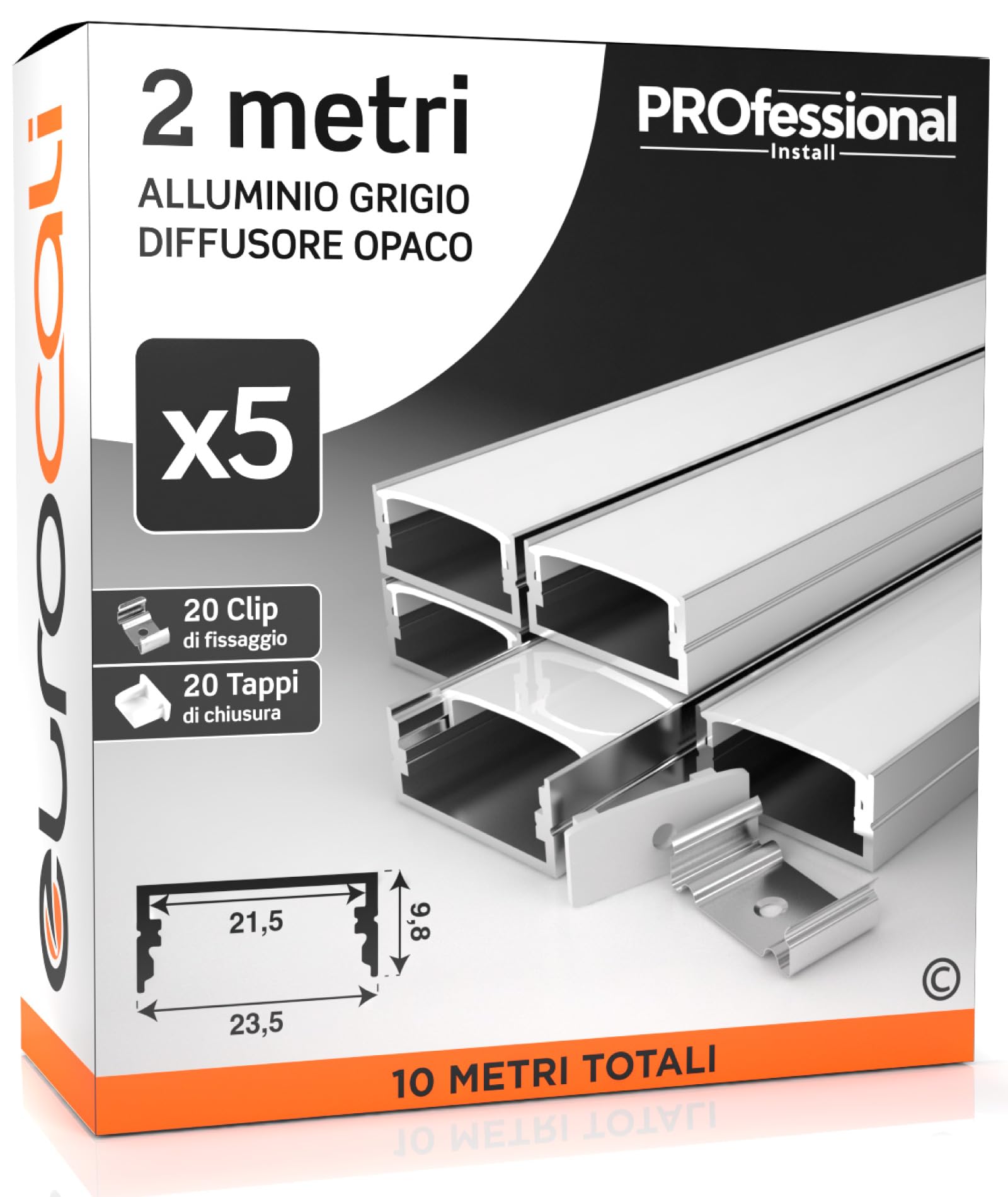 Eurocali 5x Profili da 2 metri (10mt) in Alluminio grigio per Strisce LED Copertura Opaca larghezza max striscia led 21.5mm - 23.5 x 9.8