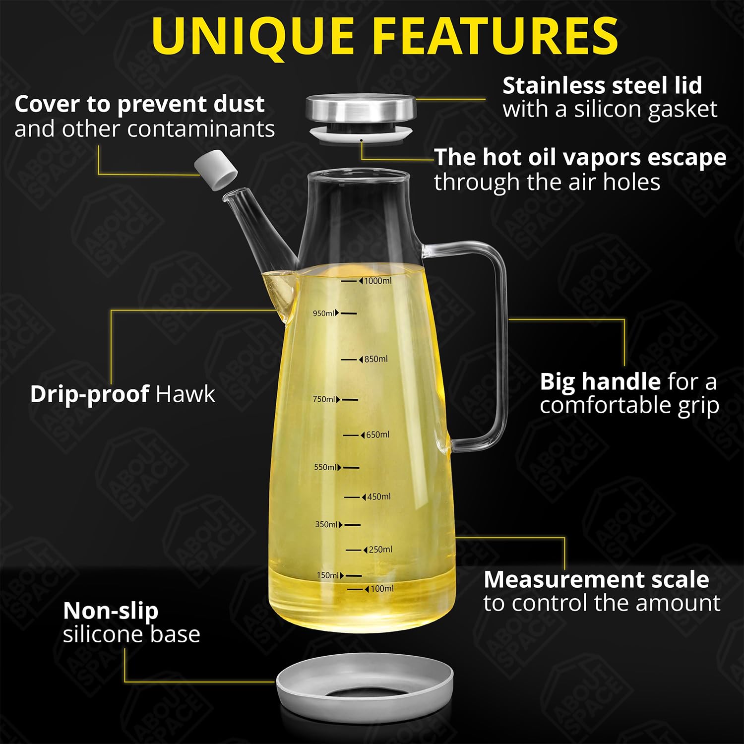 ABOUT SPACE Glass Oil Dispenser 1 Litre with Stainless Steel Cap, Silicone Base, Measurement, Drip-proof Hawk with Dust Cap, Leak-proof Oil Bottle for Kitchen, Upto 300°F Easy to Refill Oil Container - Image 3 thumbnail