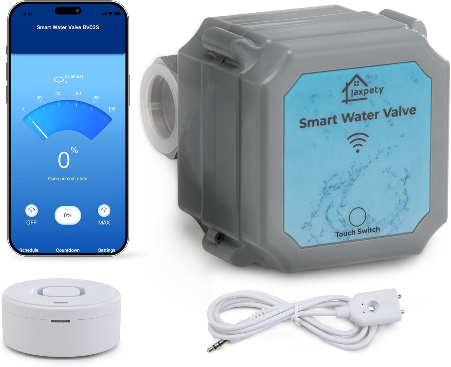 JAXPETY Smart Water Monitor and Automatic Shutoff,Water Leak Detector with Power-Off Protection & Countdown Function,Water Flow Adjustment & Real-Time Message Alerts,Water Leak Sensor for 3/4" Pipe
