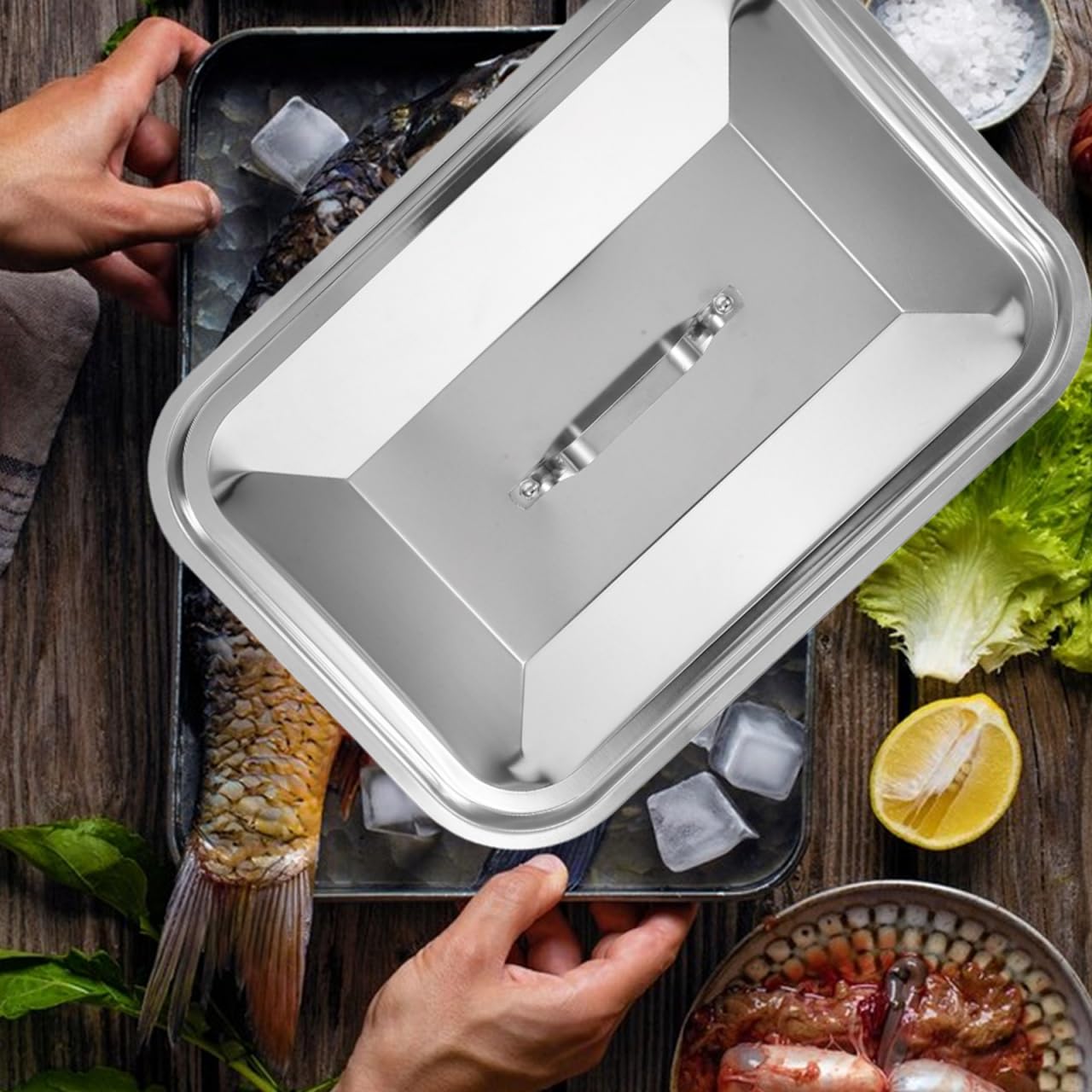 Tapa De Bandeja De Acero Inoxidable Con Asa Para Bandejas Rectangulares De Horno 13.58X9.64In Cubierta Antisalpicaduras Ideal Para Reuniones Familiares Picnics Y Barbacoas Al Aire Libre