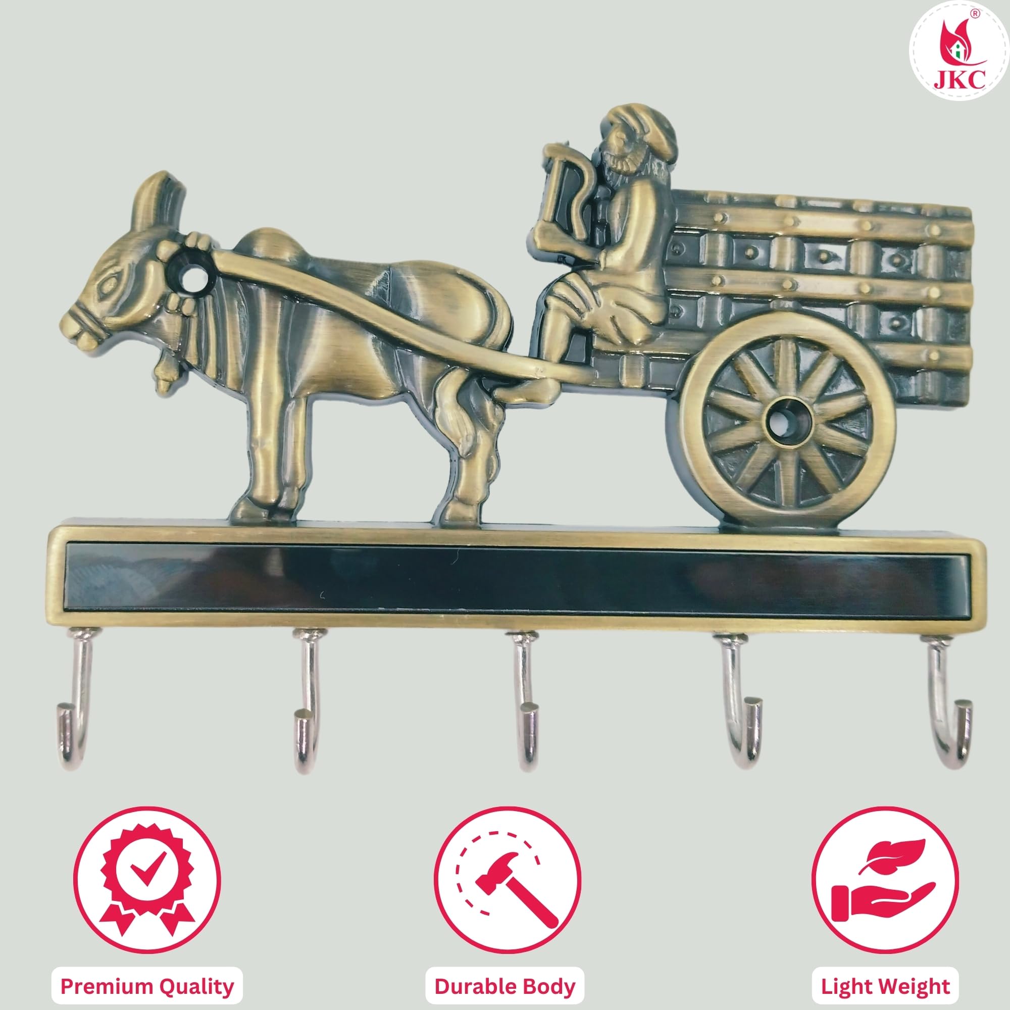 JKC Antique Brass Key Stand, Bullock Cart Theme, 5 Hooks, Wall Mount, Zinc Material, Perfect Key Holder & Home Decor 1