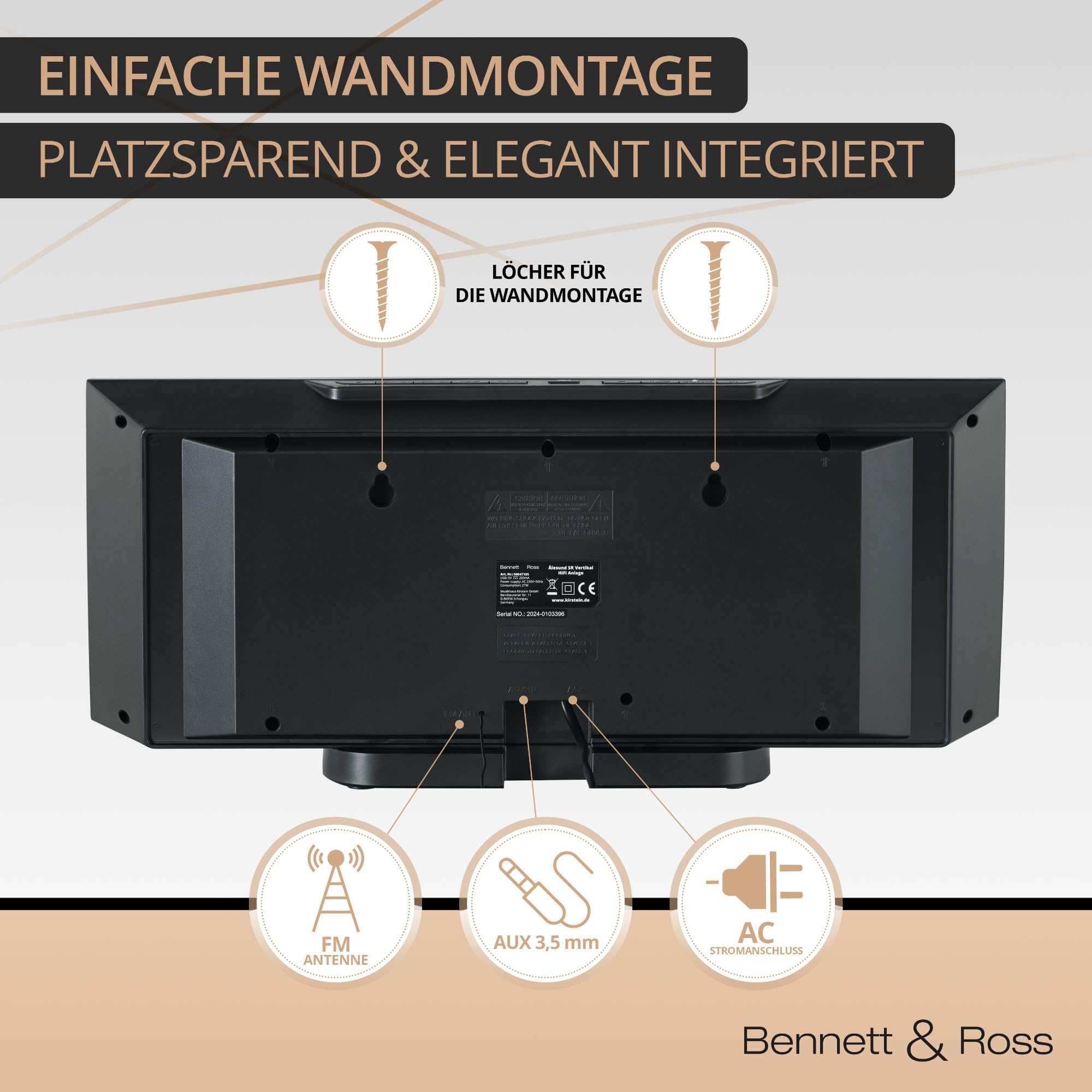 Bennett & Ross Ålesund Vertikal Stereoanlage - HiFi Microanlage mit CD-Player, MP3, UKW-Funktion, USB und Bluetooth mit NFC - Standaufstellung oder Wandmontage - Fernbedienung - Silber