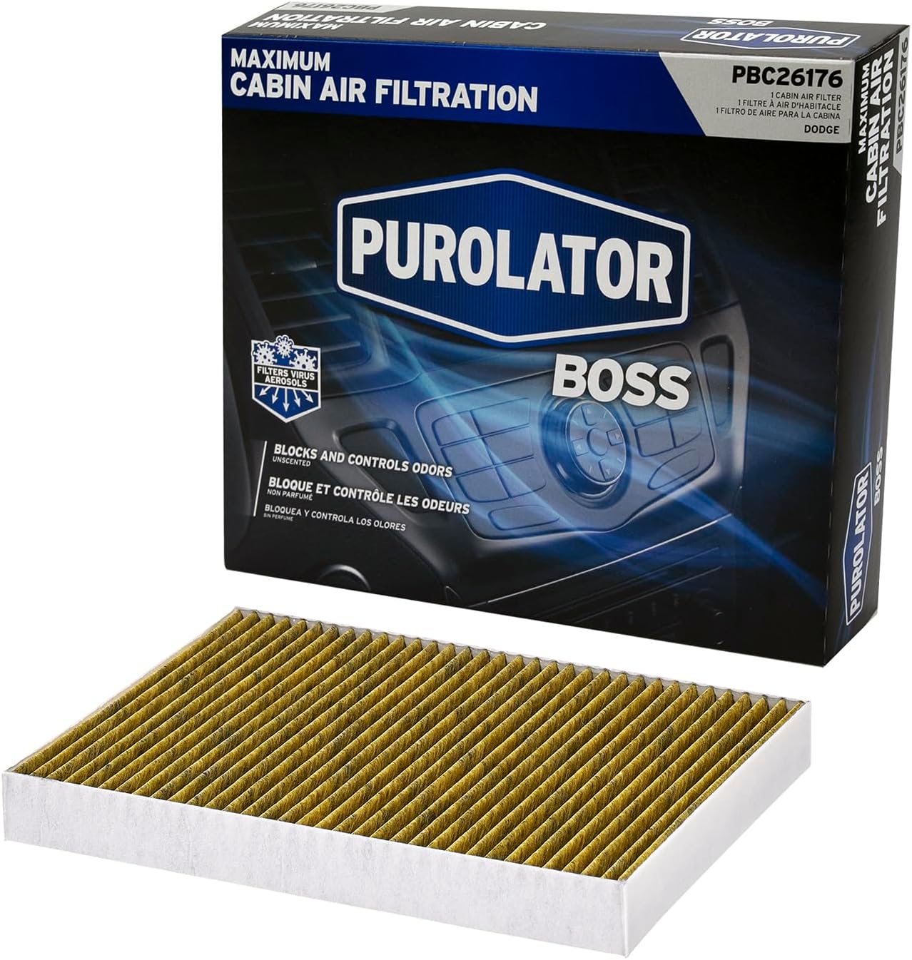 Purolator PBC26176 PurolatorBOSS Automotive Cabin Air Filter with Activated Carbon, Car & Truck Passenger Compartment OEM Filter Replacement for Dodge Charger & Challanger, and more