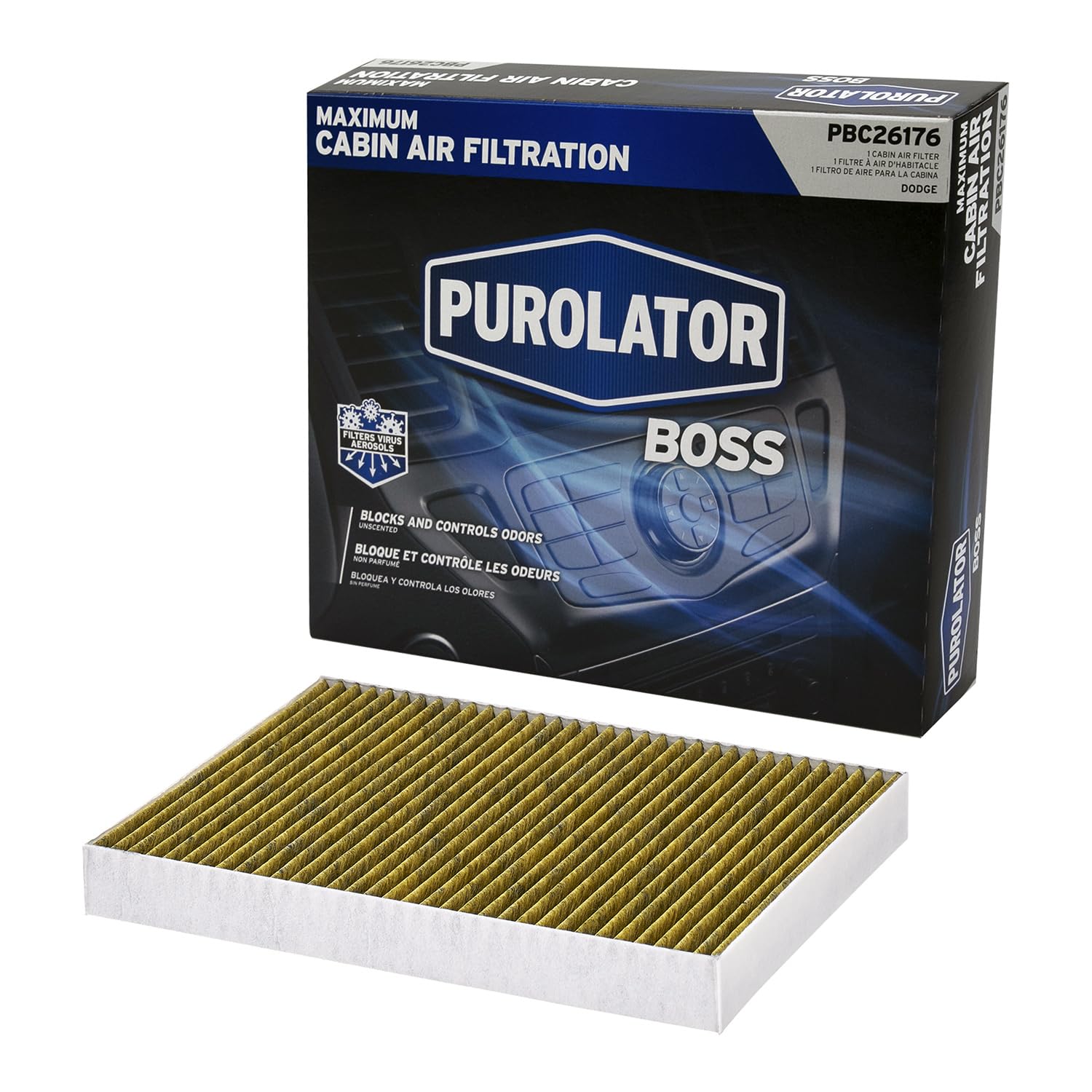 Purolator PBC26176 PurolatorBOSS Automotive Cabin Air Filter with Activated Carbon, Car & Truck Passenger Compartment OEM Filter Replacement for Dodge Charger & Challanger, and more
