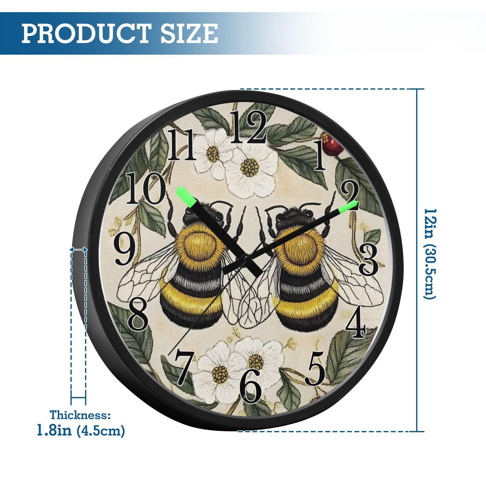 Mnsruu Reloj de pared luminoso con diseño de abejas, flores blancas, bayas rojas, hojas, reloj de pared que brilla en la oscuridad, funciona con pilas, silencioso, sin tictac, luz nocturna para