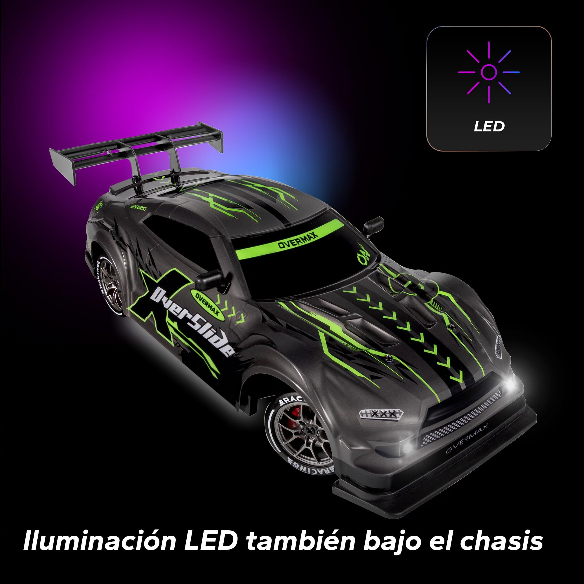 Overmax X-OVERSLIDE Coche RC teledirigido para Drift, Auto para Niños 8+, 1:16, 20 km/h, Alcance de hasta 80 m, Tracción 4WD, 2 Baterías de 500 mAh, Juego de Llantas y Obstáculos, Carcasa Adicional