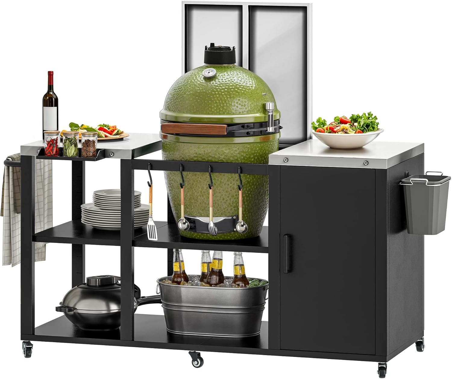 DWVO XL Outdoor Grill Table with Stainless Steel Tabletop, Grill Cart with Adjustable Storage Shelves, Spice Rack, Paper Towel Holder, and Trash Bag Holder, BBQ Prep Table for Parties