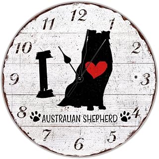 I Love Australian Shepherd Wall Clock Dog Home Numeral Clock Battery Operated Silent Quartz 15 inch Vintage Farmhouse Wood Wall Clocks Decorative for Living Room Home Bedroom Office Garden