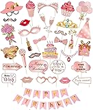Rose Gold Birthday Party Props - 34pcs Glitter Photo Props with Lips, Crowns, Flowers, Lipsticks