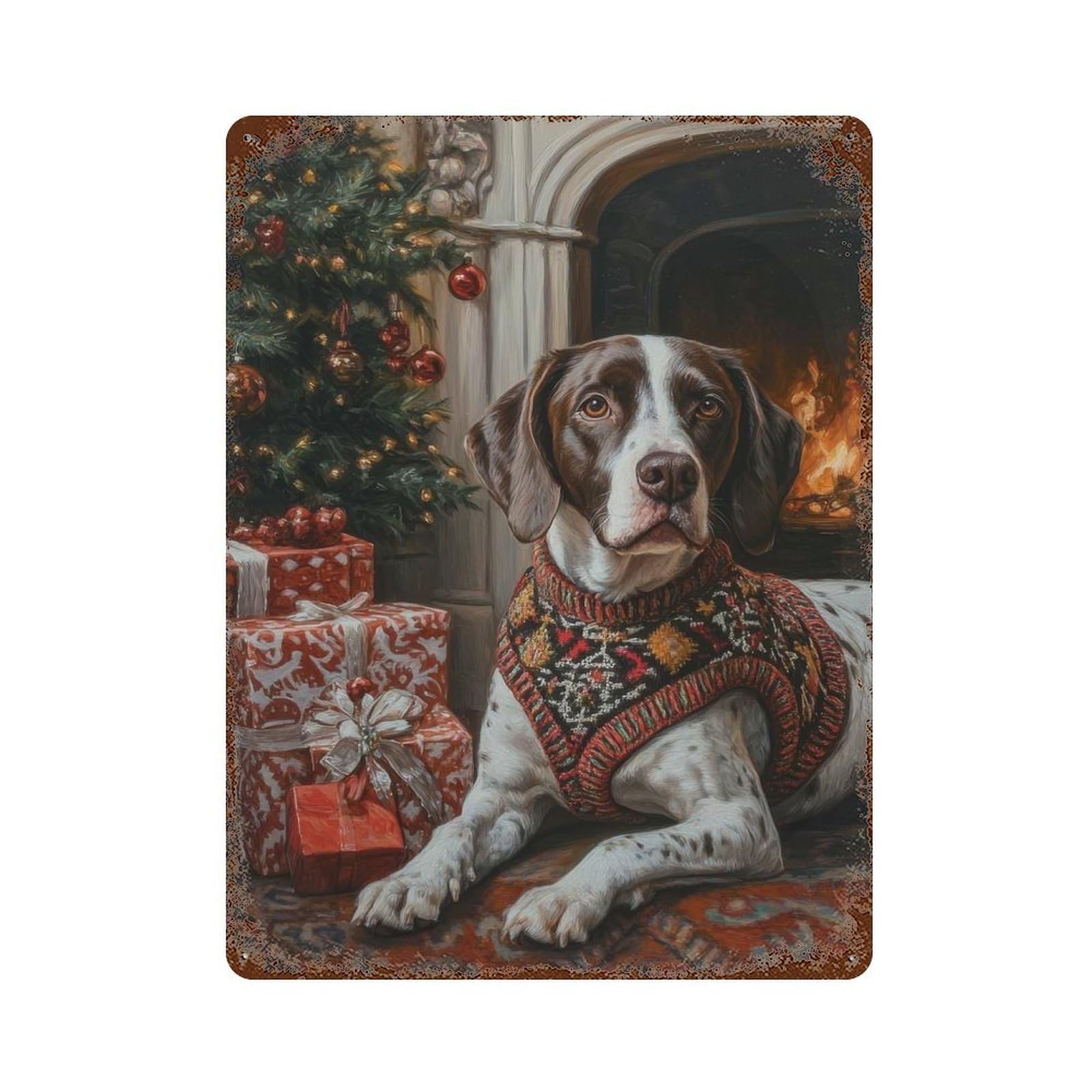 German Shorthaired Pointer Dog in Christmas Sweater by Fireplace Decorative Tin Sign 15.7"x11.8", Retro Wall Decor for Living Room, Hallway And Home Decor