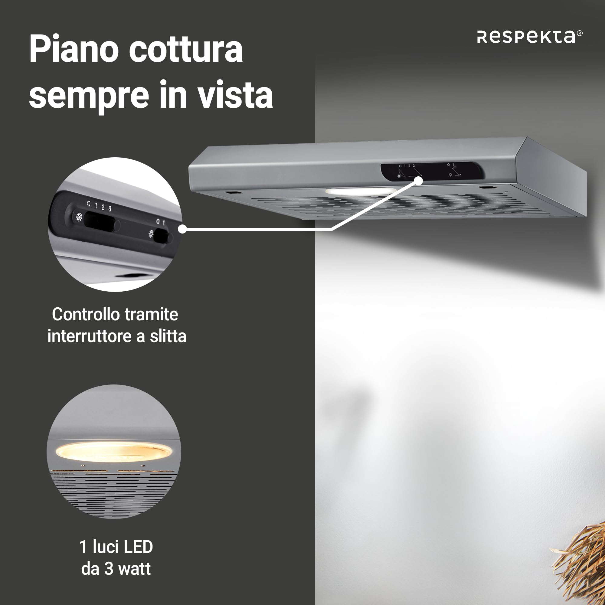 Respekta Cappa aspirante da incasso/cappa aspirante da incasso 50 cm/struttura in metallo con effetto acciaio inox/funzione di espulsione e ricircolo dell'aria / DH540IXL / C / 52 – 68 dB