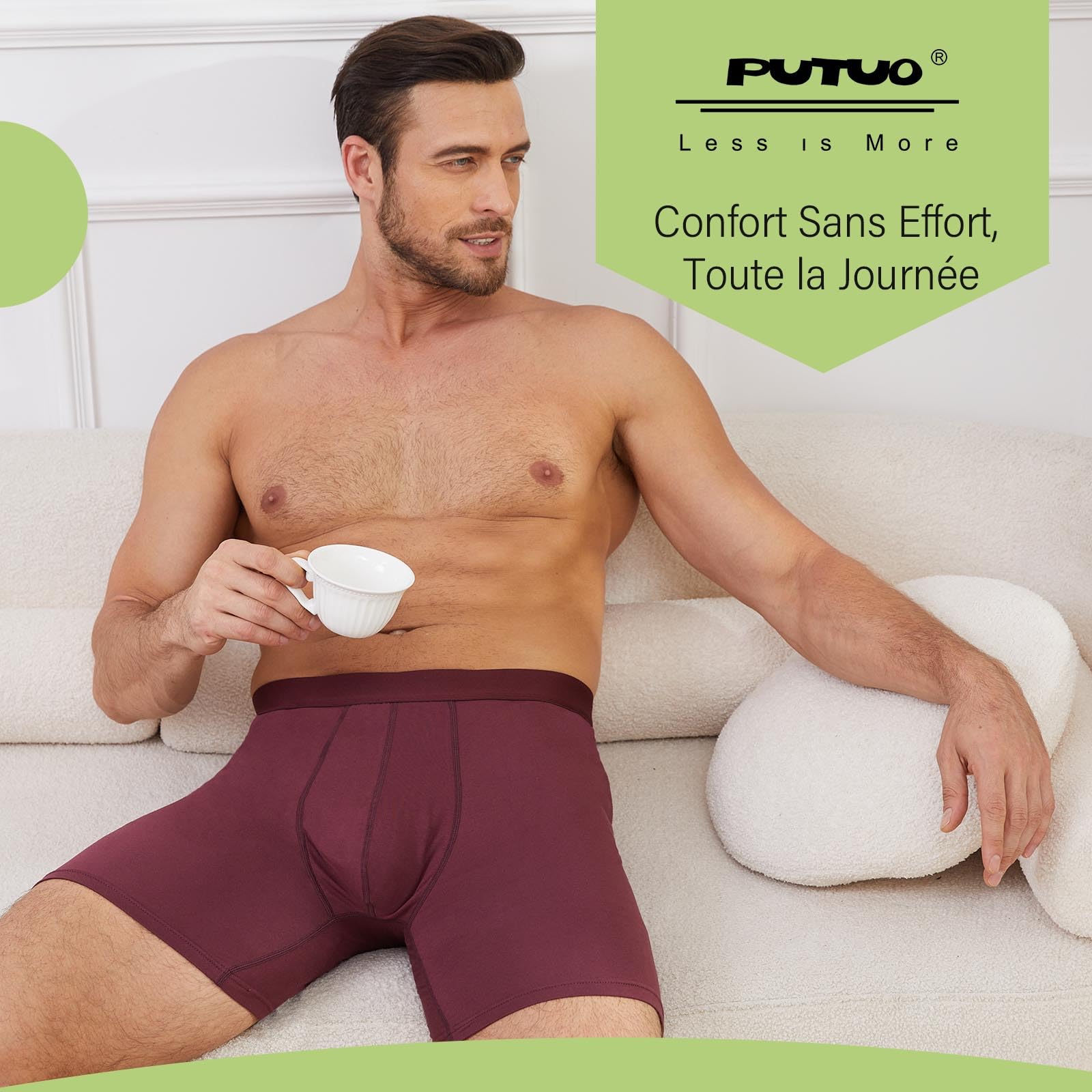 PUTUO Boxers Homme Longs en Bambou: Lot de 6 sous-Vêtements Ultra-Doux Confortables sans Étiquette avec Poche 3D - Idéal pour Peaux Sensibles Sport Travail et Usage Quotidien