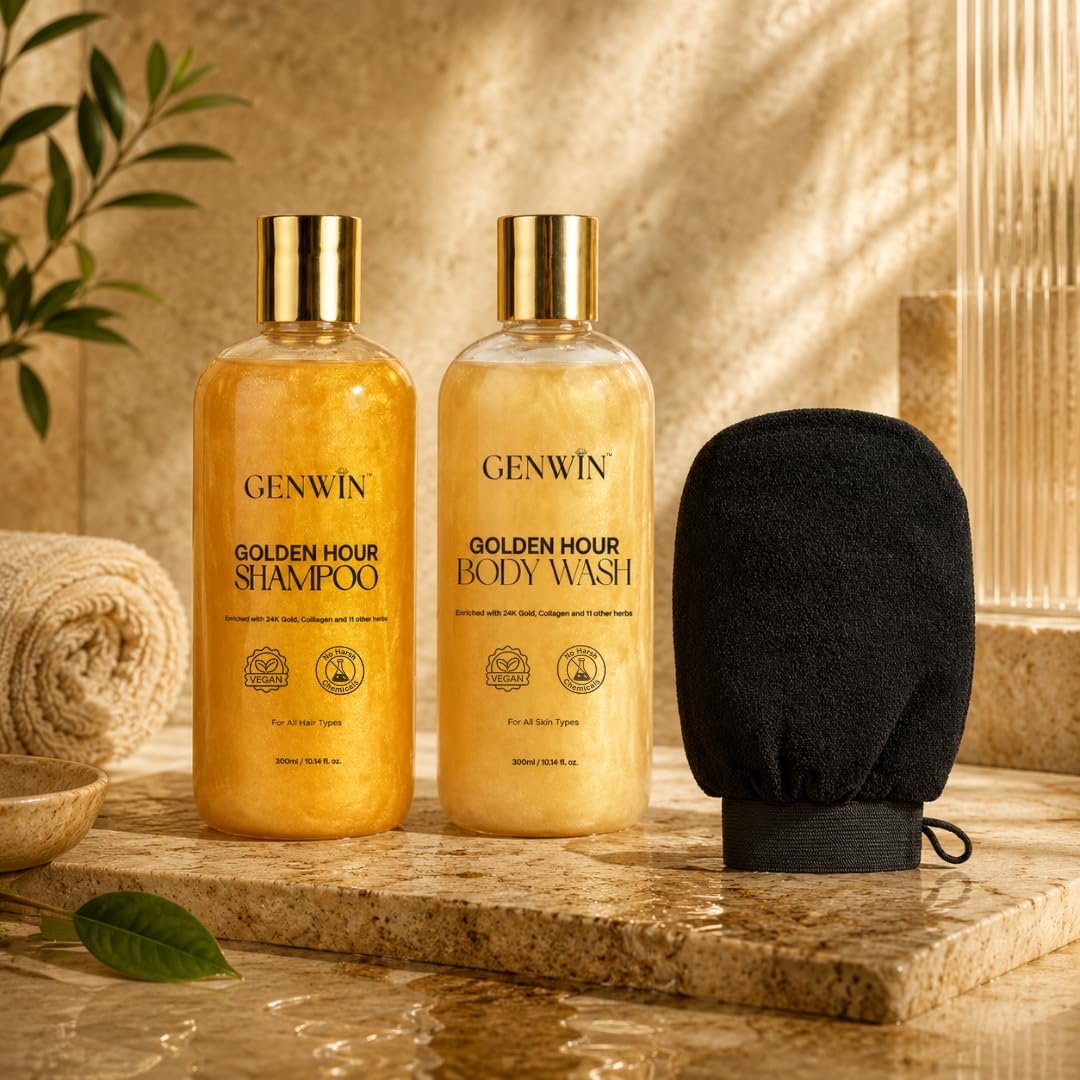 Golden Hour 24K Gold Hair & Body Essentials Bundle | Body Wash (300ml) + Shampoo (300ml) + FREE Exfoliating Glove | Nourishing Daily Care for Healthy-Looking Hair & Radiant Skin-image-8