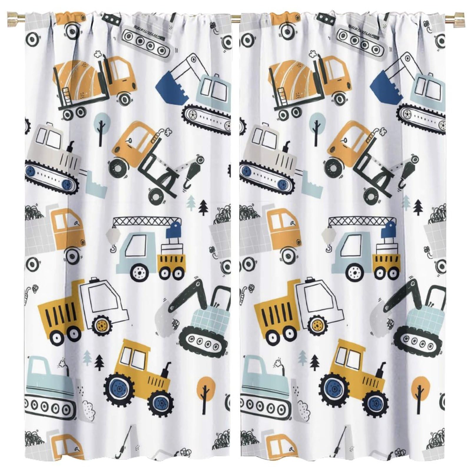 Cartoon Truck Excavator Curtains,Boys Room Decor Construction Equipment Truck Car Window Curtains Thermal Insulated Rod Pocket Blackout Curtains for Bedroom 2 Panels 45