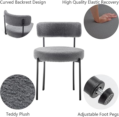 Miniatura 5 de Grey Boucle - Juego de 4 sillas de comedor tapizadas con patas de metal negro, silla de comedor redonda moderna para comedor, cocina