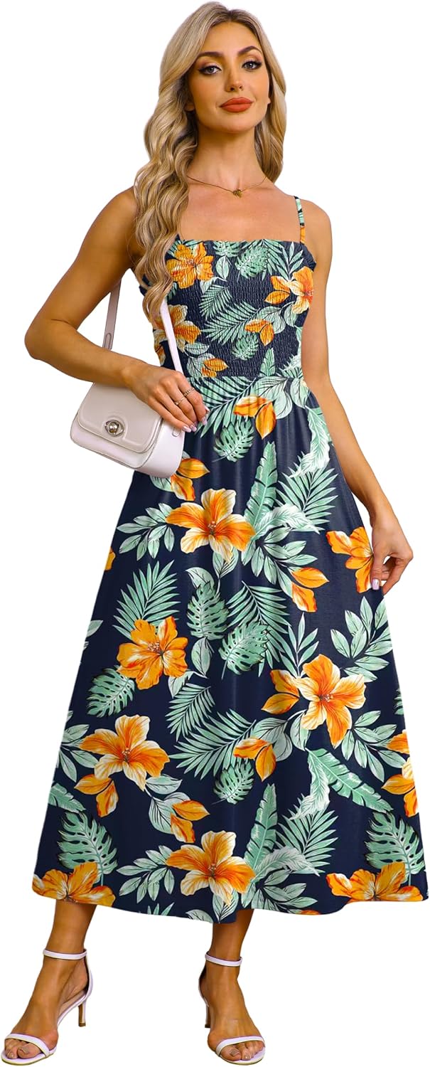 OFEEFAN Womens Spaghetti Strap Maxi Dresses Smocked with Pockets 2026 Summer Spring Casual Boho Beach Long Sundresses thumbnail