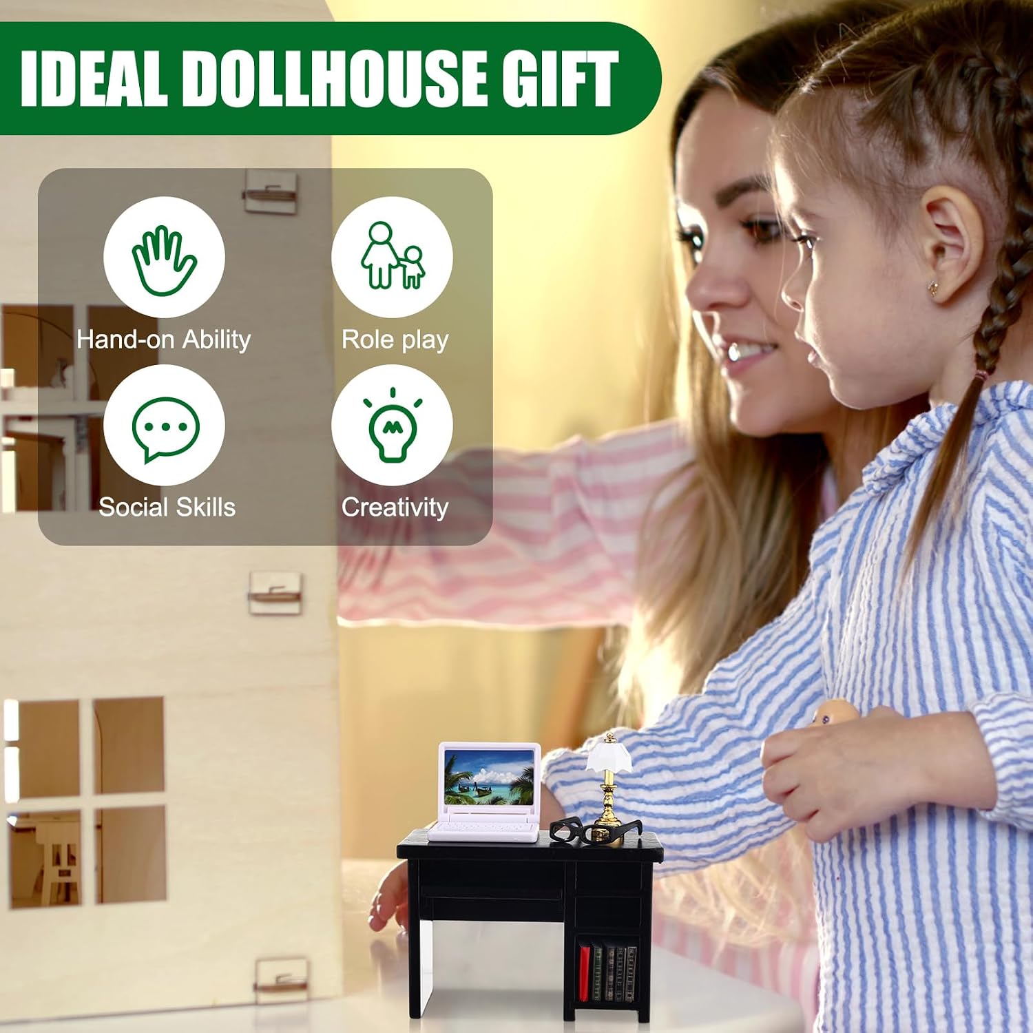 10 Pcs Miniature Dollhouse Furniture Accessories Include Mini Laptop Computer Miniature Book Office Table Wooden Mini Dollhouse Furniture 1/12 Scale Miniatures Model Set (Black)
