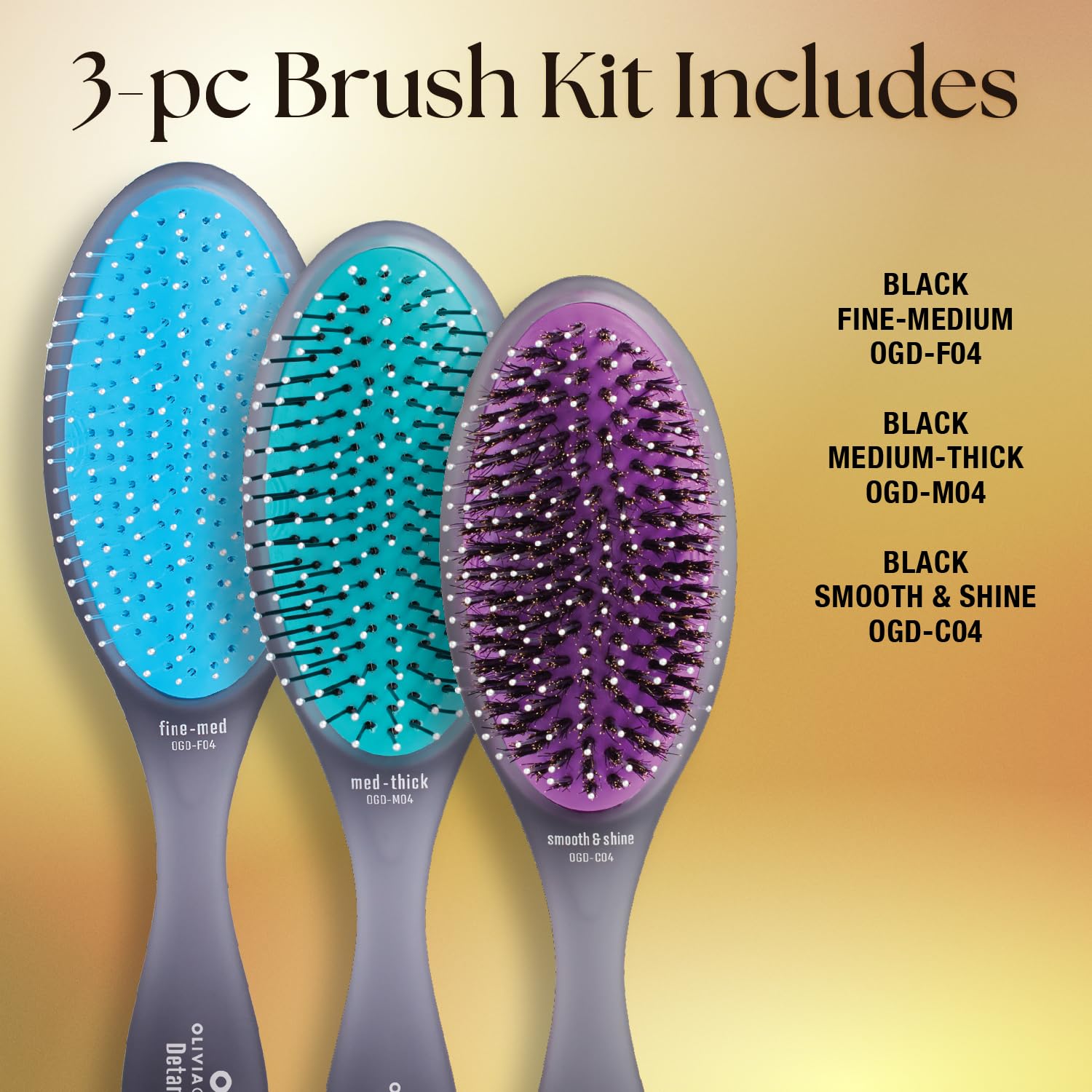 Olivia Garden OG Brush Collection Set - Includes 3 Hair Brushes for All Hair Types, Detangling, and Smoothing