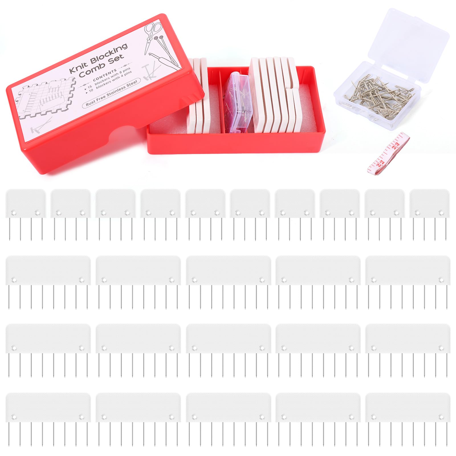 Yjqxmyu White Knit Blocking Comb, 25Pcs Crochet Blocking Pin Set With Measuring Tape And 30 T Shape Pin, Portable Knit Blockers Pins For Knitting, Blockers Comb For Knitting Crocheting Sewing Needlework(White)