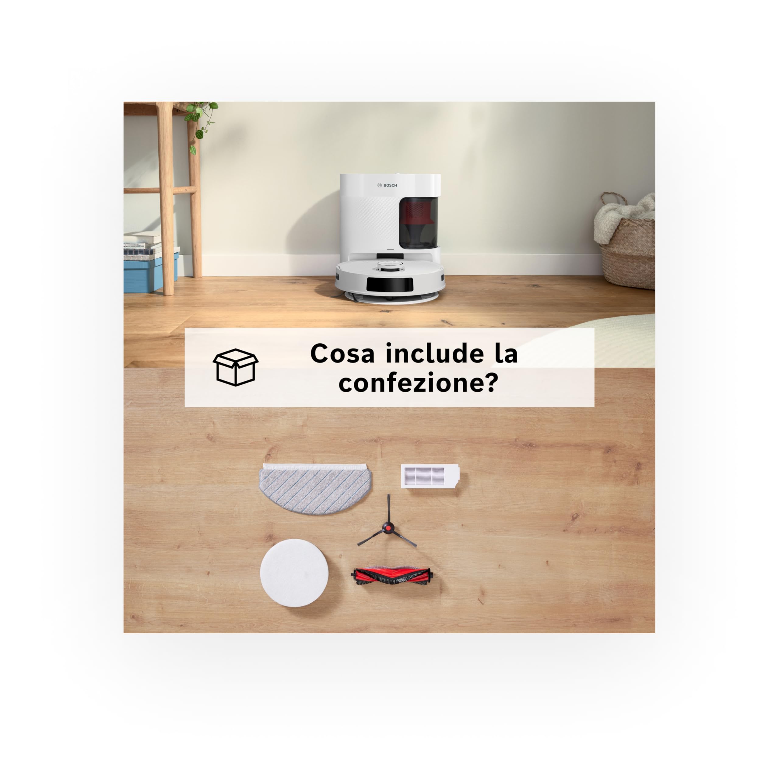 Bosch Spotless+Robot Aspirapolvere e Lavapavimenti,Potenza 11.000Pa,Panno Lavapavimenti Statico,Stazione di ricarica con autosvuotamento,Navigazione Infrarossi Smart Vision,AppBosch HomeConnect,Bianco